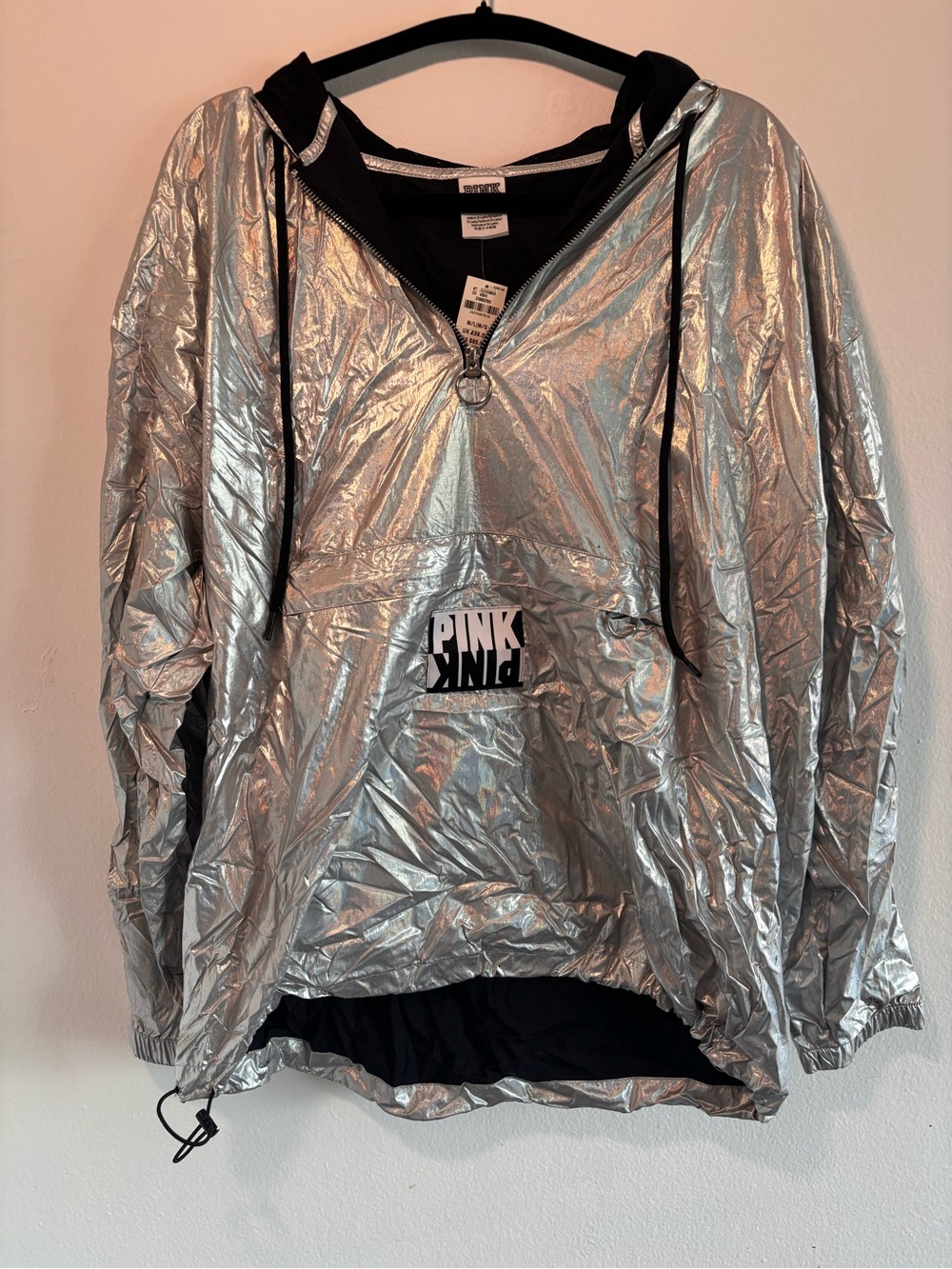 PINK Victoria's Secret Metallic Silver Pullover Jacket with Black Trim
